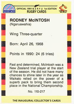 1991 Regina NZRFU 1st Edition #110 Rodney McIntosh Back